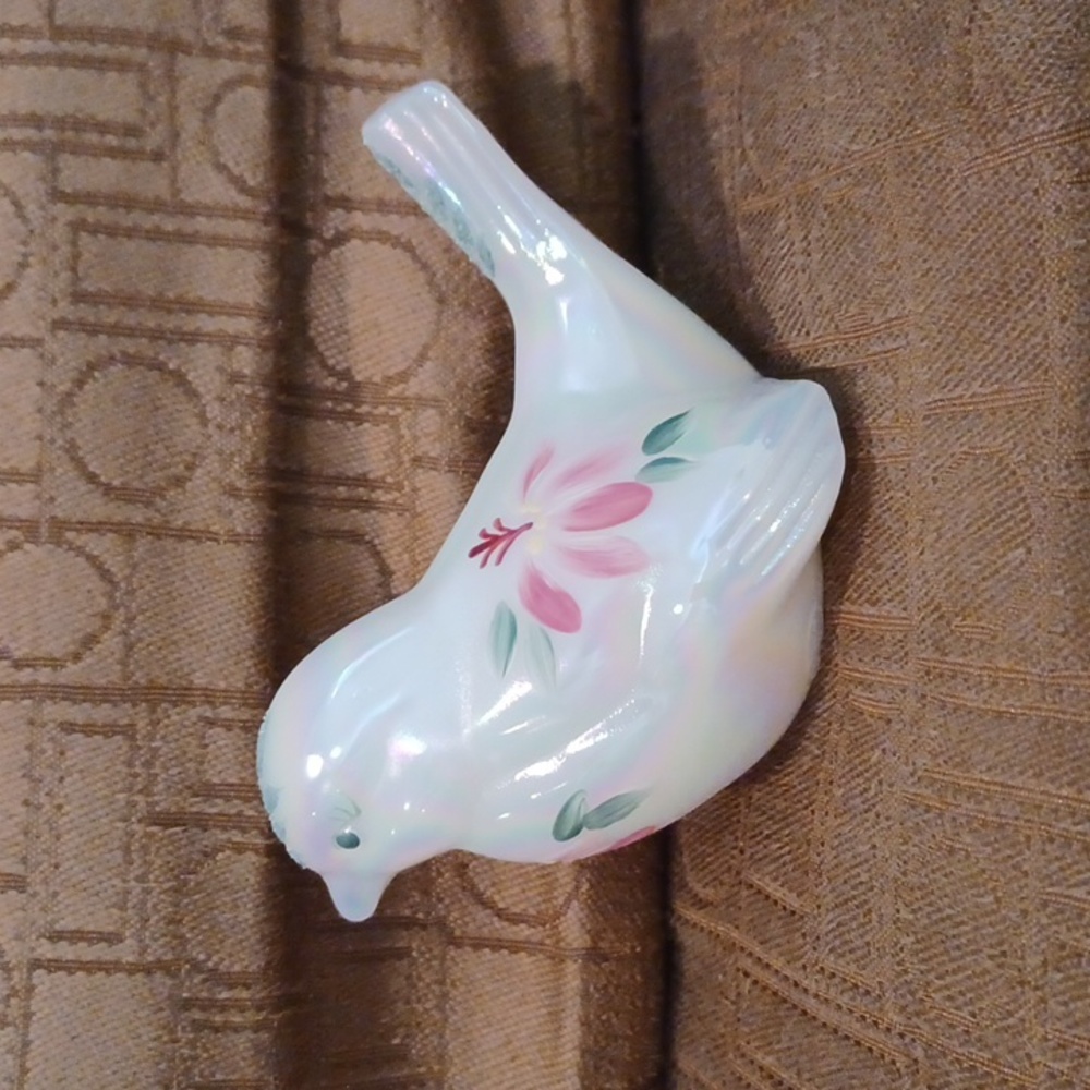 White Iridescent Fenton Bird With Hand Painted Flowers